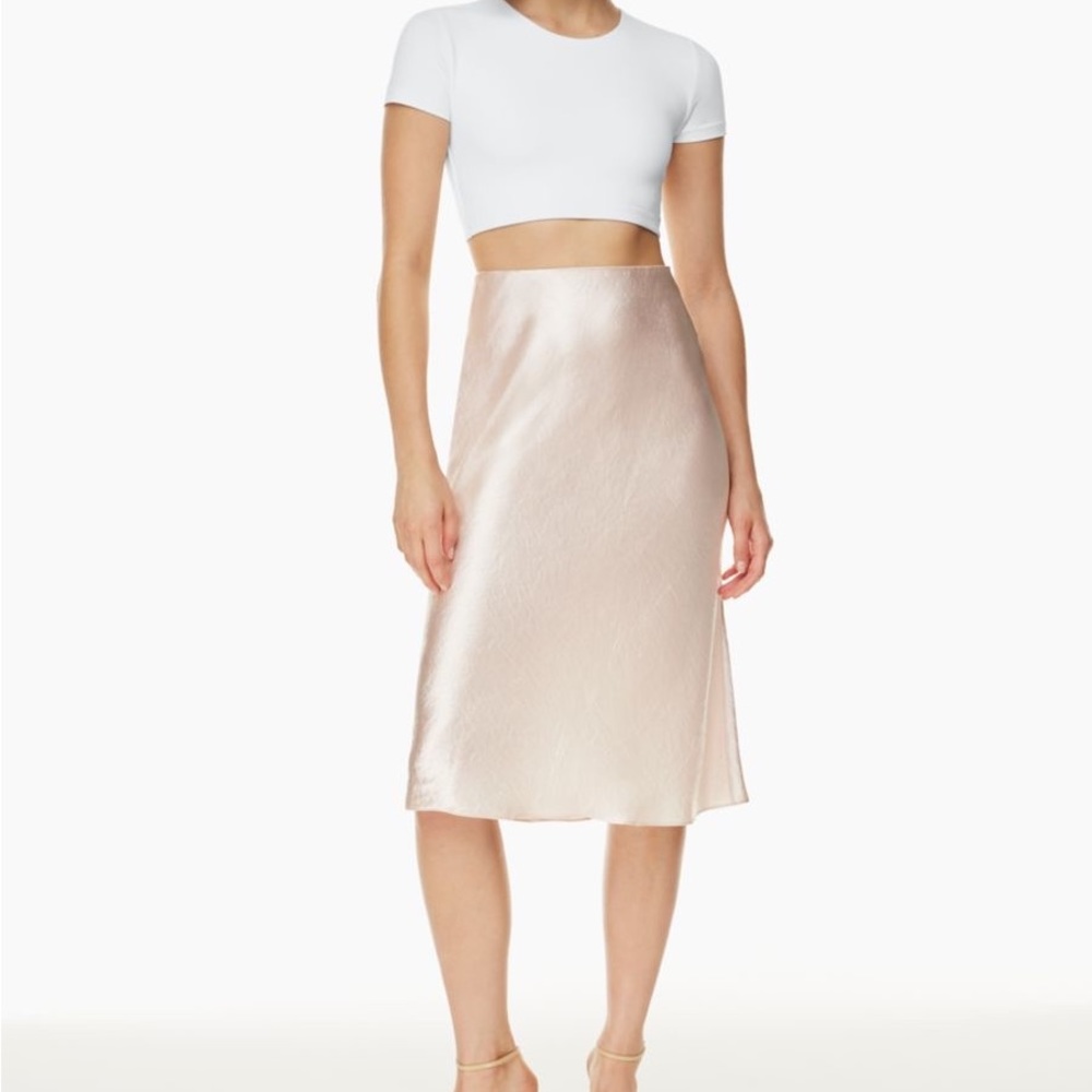 Aritzia Satin Midi Skirt in Rose Gold